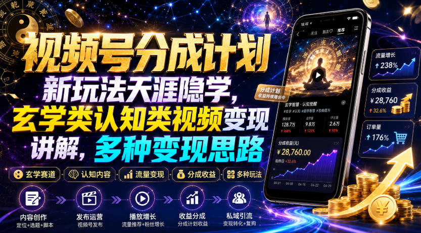 视频号分成计划新玩法天涯隐学，玄学类认知类视频变现讲解，多种变现思路-校睿铺