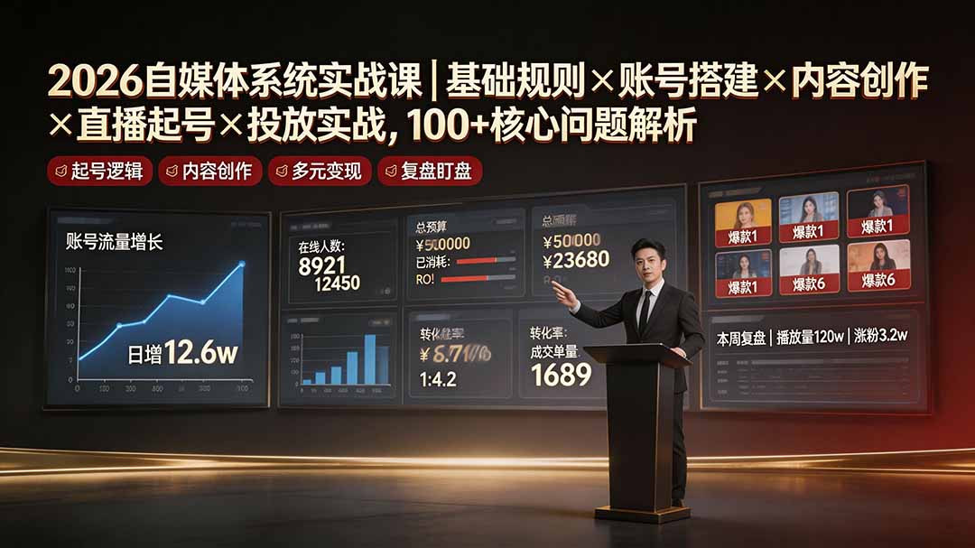 2026自媒体系统实战课｜基础规则×账号搭建×内容创作×直播起号×投放实战，100+核心问题解析-校睿铺