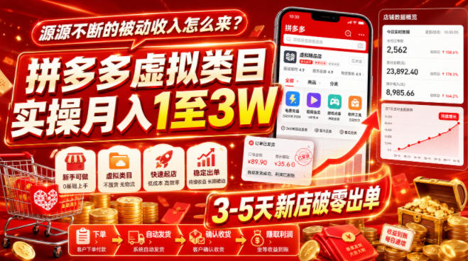 源源不断的被动收入怎么来？拼多多虚拟类目实操月入1至3W，3-5天新店破零出单-校睿铺