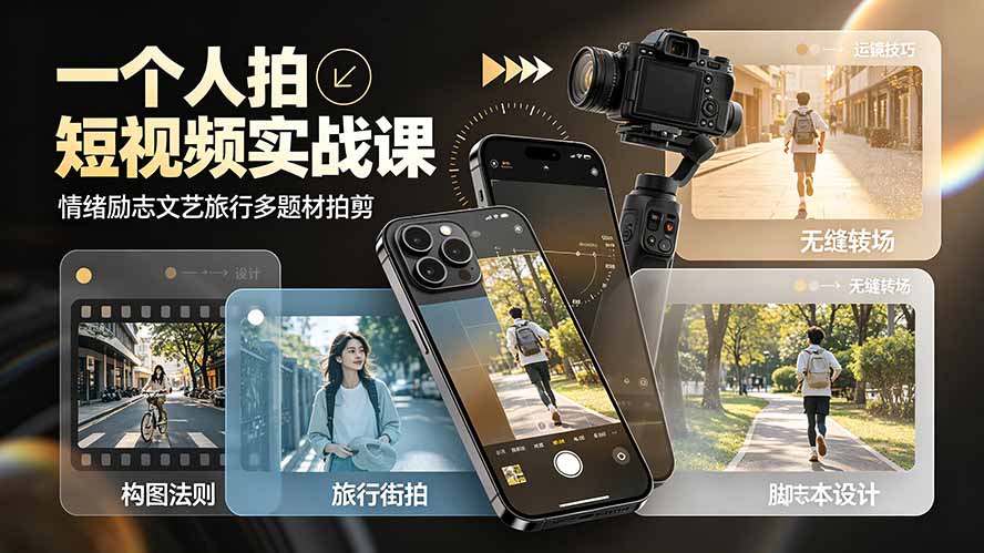 一个人拍短视频实战课：情绪励志文艺旅行多题材×五大景别×黄金构图×八大运镜，从拍摄到成片高效创作-校睿铺