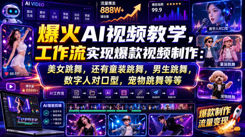 爆火AI视频教学，工作流实现爆款视频制作：美女跳舞，还有童装跳舞，男生跳舞，数字人对口型，宠物跳舞等等-校睿铺