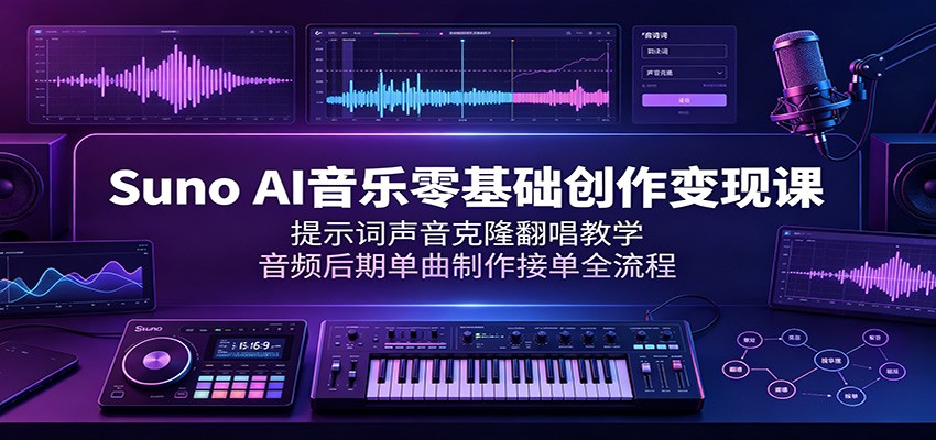 Suno AI音乐零基础创作变现课：提示词声音克隆翻唱教学，音频后期单曲制作接单全流程-校睿铺