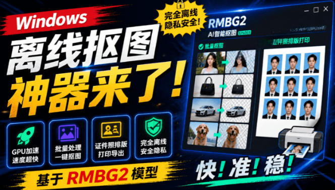 Windows离线抠图神器来了！支持批量抠图+证件照排版打印，基于RMBG2模型，GPU加速方块AI抠图-校睿铺