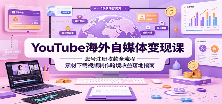 YouTube海外自媒体变现课：账号注册收款全流程，素材下载视频制作跨境收益落地指南-校睿铺