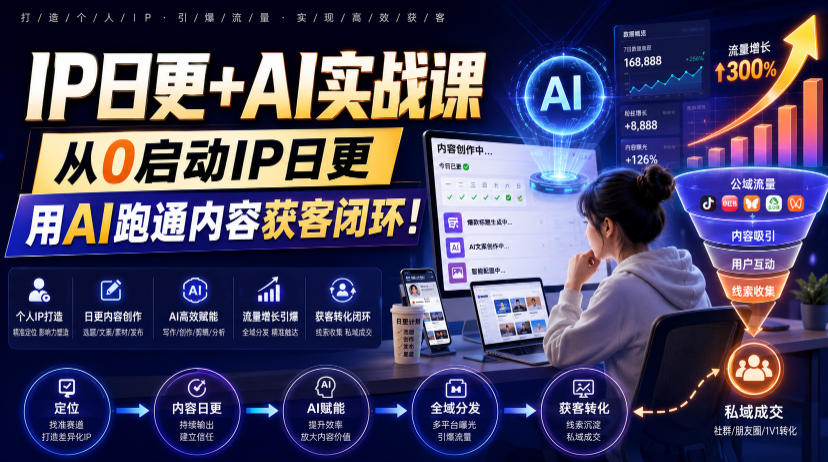 IP日更+AI实战课，从0启动IP日更，IP置顶视频制作+100条选题库搭建+10条日更规划，用AI跑通内容获客闭环!-校睿铺