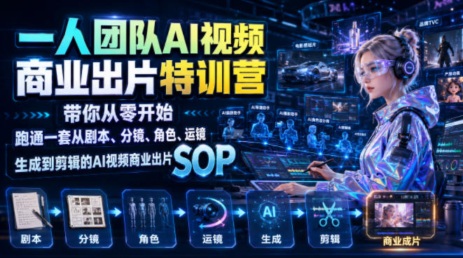 一人团队AI视频商业出片实战课：带你从零开始跑通一套从剧本、分镜、角色、运镜、生成到剪辑的AI视频商业出片SOP-校睿铺