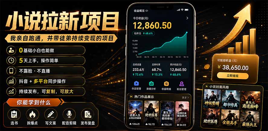 抖音及多平台小说拉新项目：我亲自跑通并持续带徒弟实操｜0基础小白5天上手快速变现-校睿铺