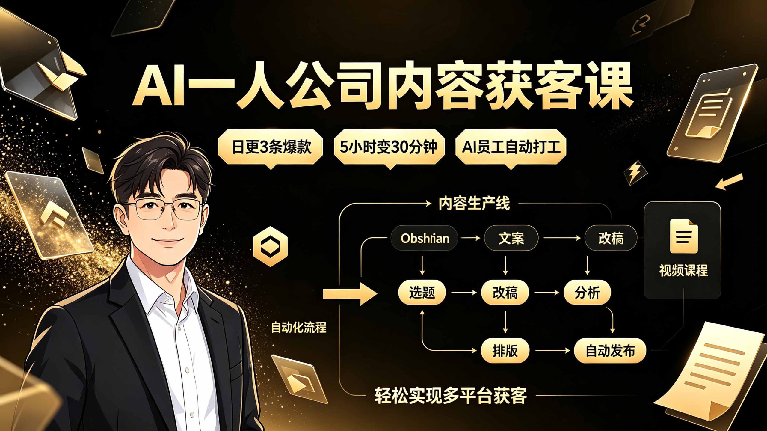 AI一人公司内容获客课:日更3条爆款×5小时变30分钟×AI员工自动打工,轻松实现多平台获客-校睿铺