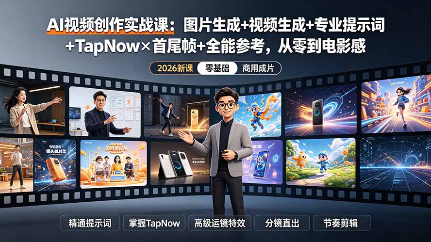 AI视频创作实战课：图片生成+视频生成+专业提示词+TapNow×首尾帧+全能参考，从零到电影感成片-校睿铺