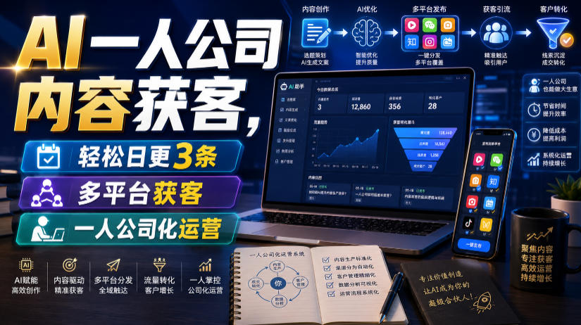 AI一人公司内容获客，轻松日更3条，多平台获客，一人公司化运营-校睿铺