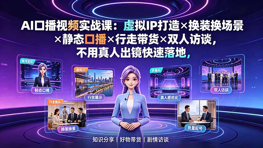 AI口播视频实战课：虚拟IP打造×换装换场景×静态口播×行走带货×双人访谈，不用真人出镜快速落地-校睿铺