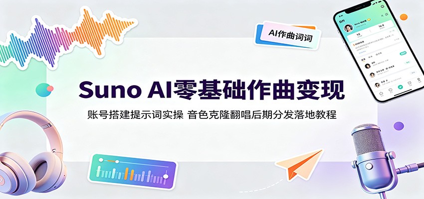 Suno AI零基础作曲变现：账号搭建提示词实操，音色克隆翻唱后期分发落地教程-校睿铺