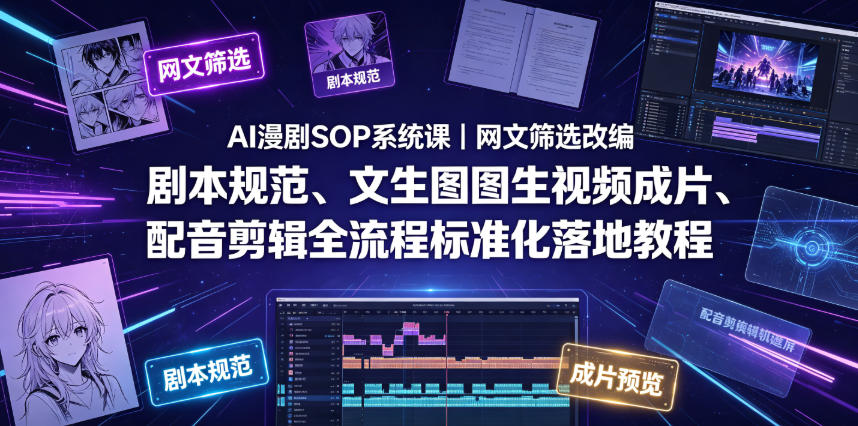 AI漫剧SOP系统课｜网文筛选改编、剧本规范、文生图图生视频成片、配音剪辑全流程标准化落地教程(更新)-校睿铺