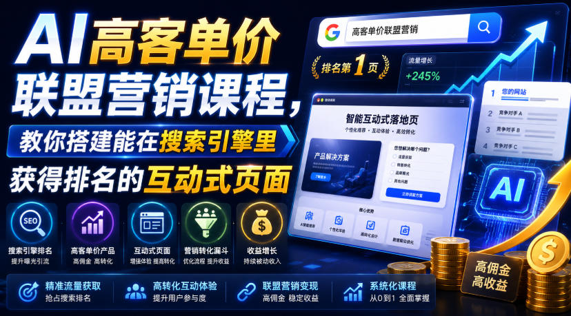 AI高客单价联盟营销课程，教你搭建能在搜索引擎里获得排名的互动式页面，引来流量，把访客转化为高佣金的成交【原创双语字幕】-校睿铺