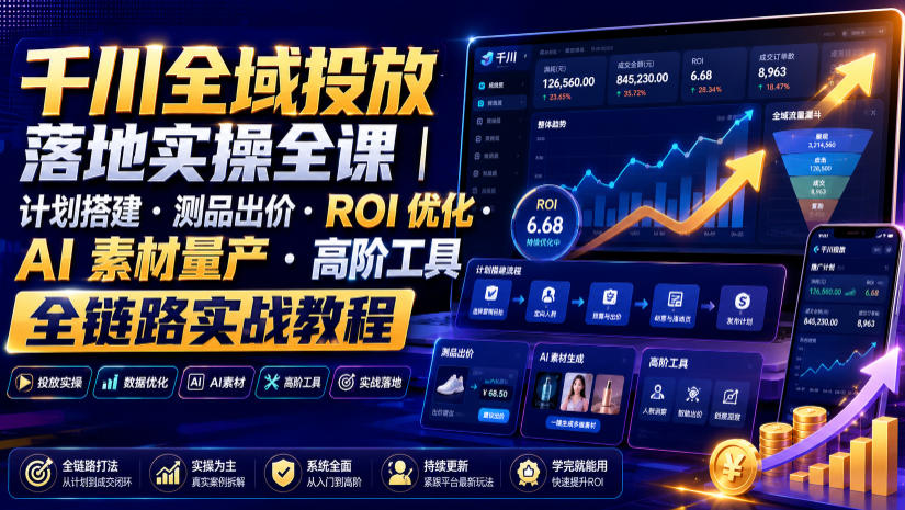 千川全域投放落地实操全课｜计划搭建・测品出价・ROI优化・AI素材量产・高阶工具全链路实战教程-校睿铺