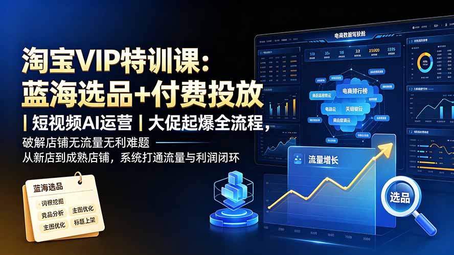 淘宝VIP特训课：蓝海选品+付费投放｜短视频AI运营｜大促起爆全流程，破解店铺无流量无利润难题-校睿铺