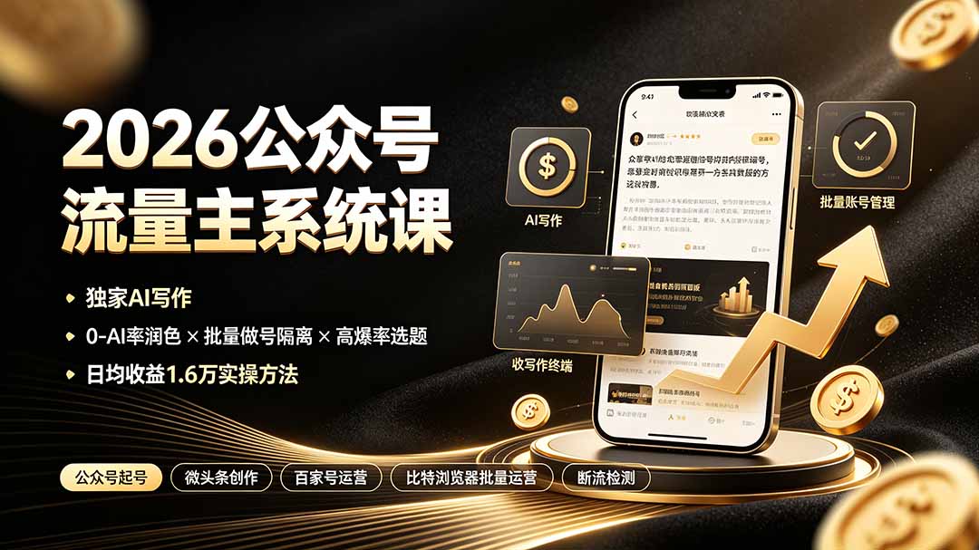 2026公众号流量主系统课：独家AI写作×0-AI率润色×批量做号隔离×高爆率选题，日均收益1.6万实操方法-校睿铺