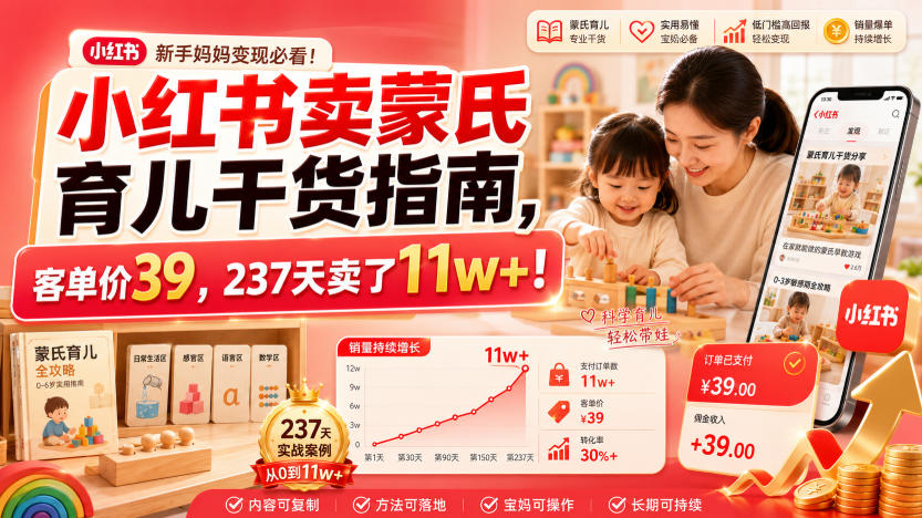 小红书卖蒙氏育儿干货指南，客单价39，237天卖了11w+！-校睿铺