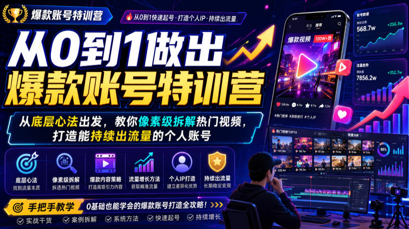 从0到1做出爆款账号特训营，从底层心法出发，教你像素级拆解热门视频，打造能持续出流量的个人账号-校睿铺
