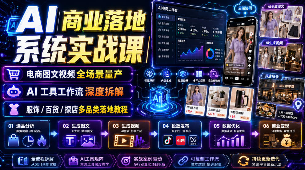 AI商业落地系统实战课｜电商图文视频全场景量产・AI工具工作流深度拆解・服饰/百货/探店多品类落地教程-校睿铺