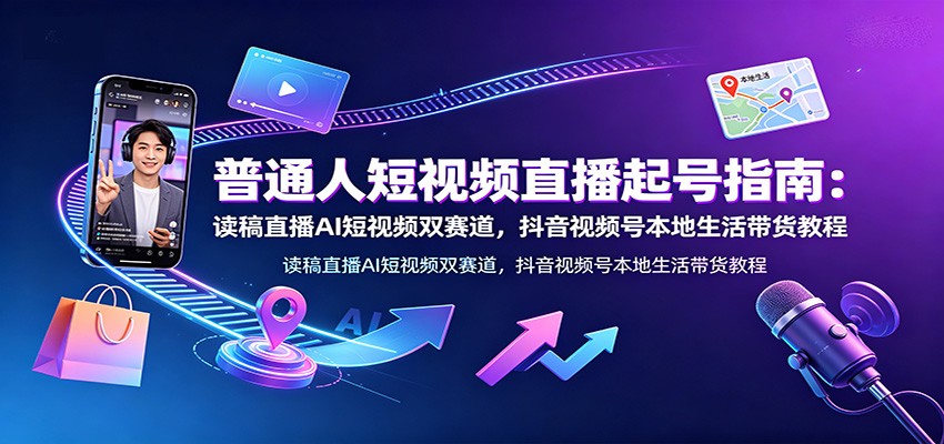 普通人短视频直播起号指南：读稿直播AI短视频双赛道，抖音视频号本地生活带货教程-校睿铺