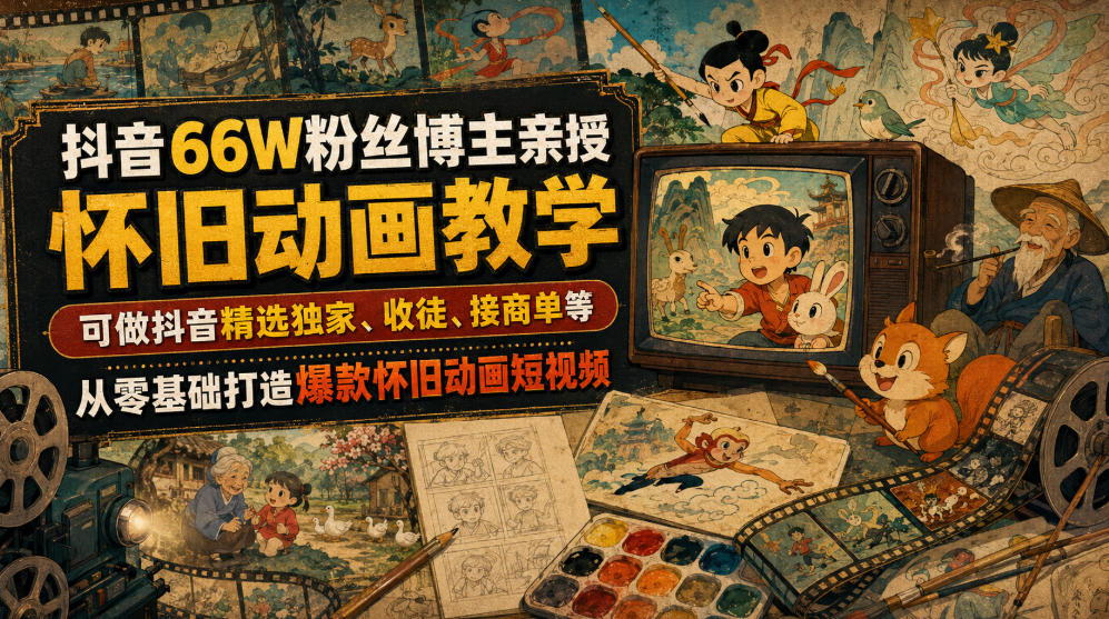 抖音66W粉丝博主亲授怀旧动画教学，可做抖音精选独家、收徒、接商单等，从零基础打造爆款怀旧动画短视频-校睿铺