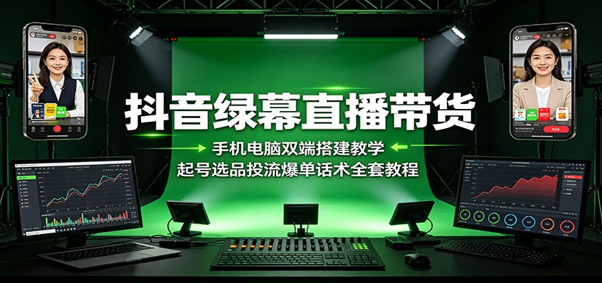 抖音绿幕直播带货：手机电脑双端搭建教学，起号选品投流爆单话术全套教程-校睿铺
