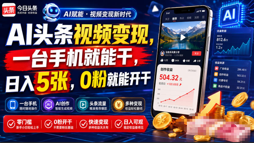 AI头条视频变现，一台手机就能干，日入5张，0粉就能开干-校睿铺