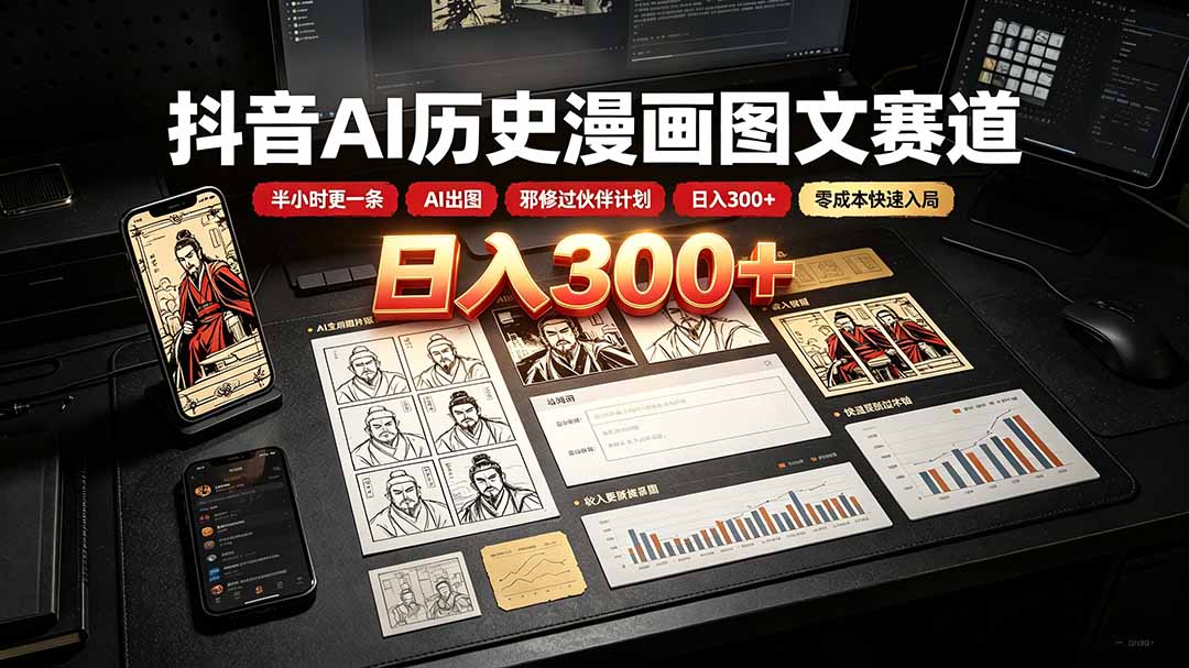 抖音AI历史漫画图文赛道：半小时更一条×AI出图×邪修过伙伴计划×日入300+，零成本快速入局-校睿铺