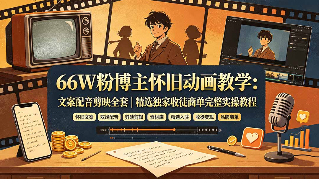 66W粉博主怀旧动画教学：文案配音剪映全套｜精选独家收徒商单完整实操教程-校睿铺
