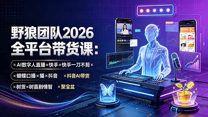 野狼团队2026全平台带货课-7月：AI数字人直播×快手一刀不剪×蝴蝶口播×抖音AI带货×树苗剧情智剪×聚宝盆-校睿铺
