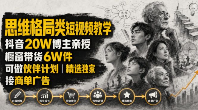 人性思维格局类短视频教学，抖音20W博主亲授，橱窗带货6W件，可做伙伴计划、精选独家、接商单广告-校睿铺