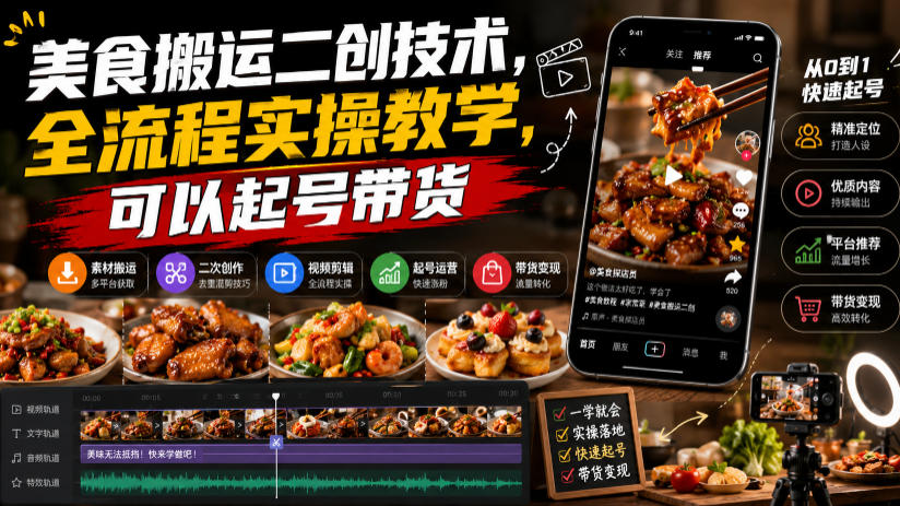 美食搬运二创技术，全流程实操教学，可以起号带货-校睿铺