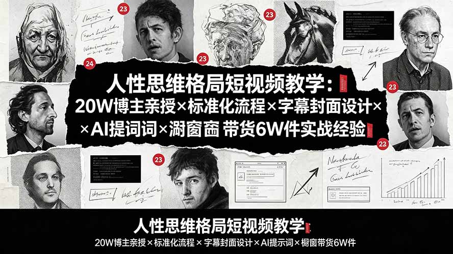 人性思维格局短视频教学：20W博主亲授×标准化流程×字幕封面设计×AI提示词×橱窗带货6W件实战经验-校睿铺