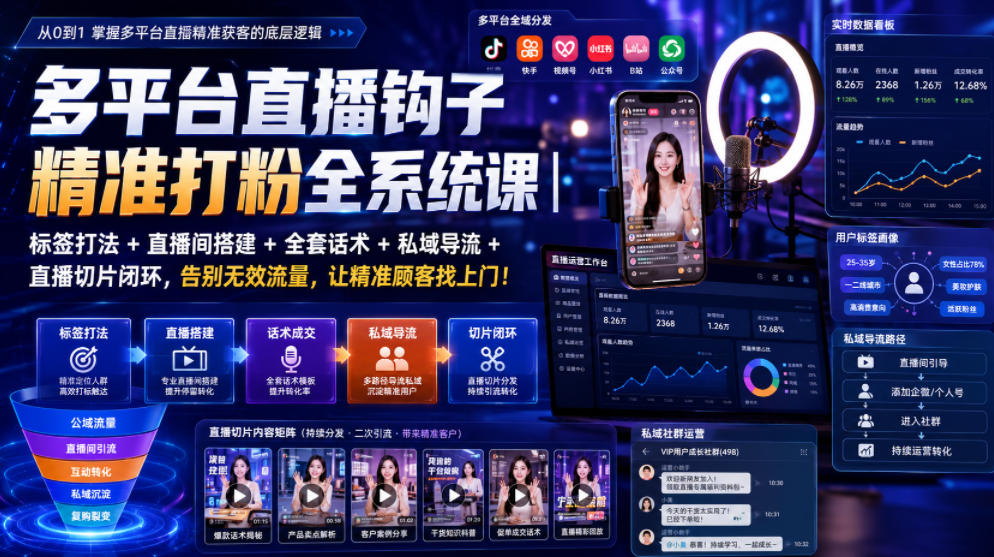 多平台直播钩子精准打粉全系统课｜标签打法+直播间搭建+全套话术+私域导流+直播切片闭环，告别无效流量，让精准顾客找上门！-校睿铺