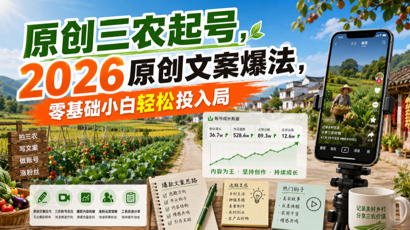 原创三农起号，2026原创文案爆法，零基础小白轻松投入局-校睿铺