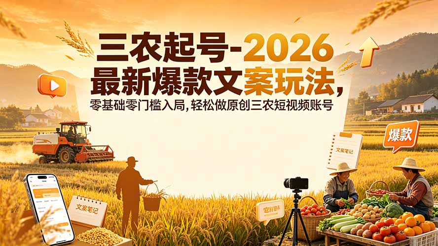 三农起号-2026 最新爆款文案玩法，零基础零门槛入局，轻松做原创三农短视频账号-校睿铺