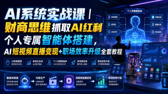 AI系统实战课｜财商思维抓取AI红利｜个人专属智能体搭建，AI短视频直播变现+职场效率升级全套教程-校睿铺