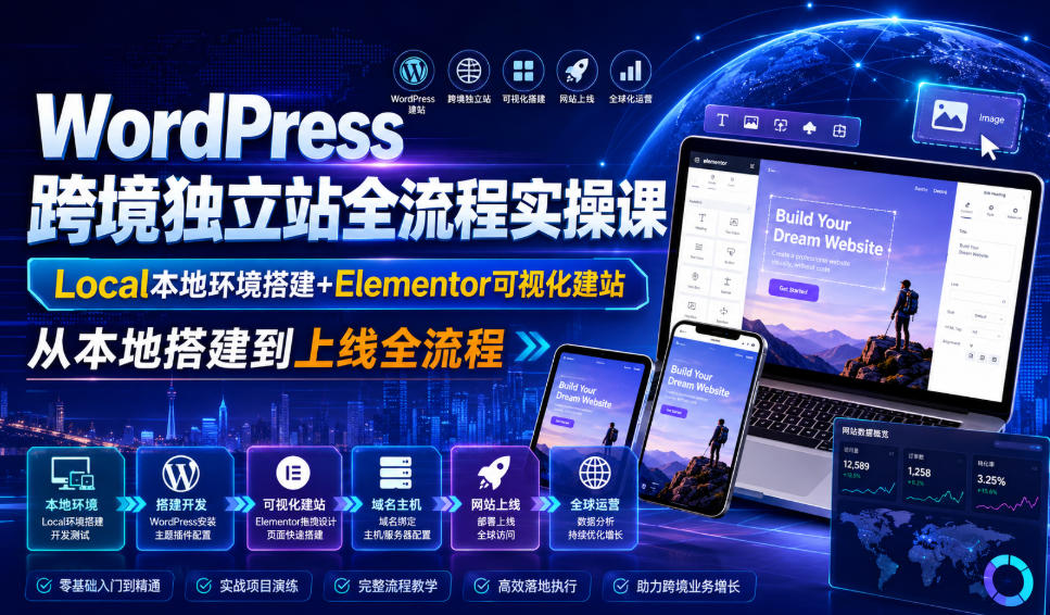 WordPress跨境独立站全流程实操课｜Local本地环境搭建+Elementor可视化建站，从本地搭建到上线全流程-校睿铺