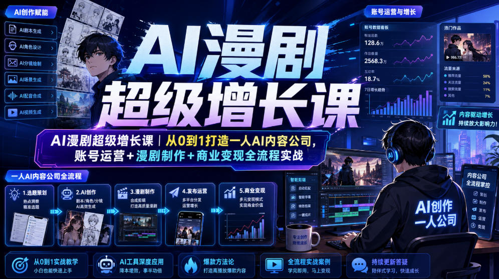 AI漫剧超级增长课｜从0到1打造一人AI内容公司，账号运营+漫剧制作+商业变现全流程实战-校睿铺