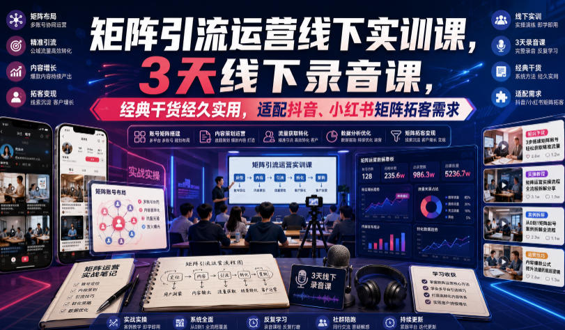 嗨推矩阵引流运营线下实训课，3天线下录音课，经典干货经久实用，适配抖音、小红书矩阵拓客需求-校睿铺