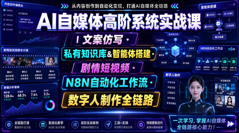 AI自媒体高阶系统实战课｜文案仿写・私有知识库&智能体搭建・剧情短视频・N8N自动化工作流・数字人制作全链路-校睿铺