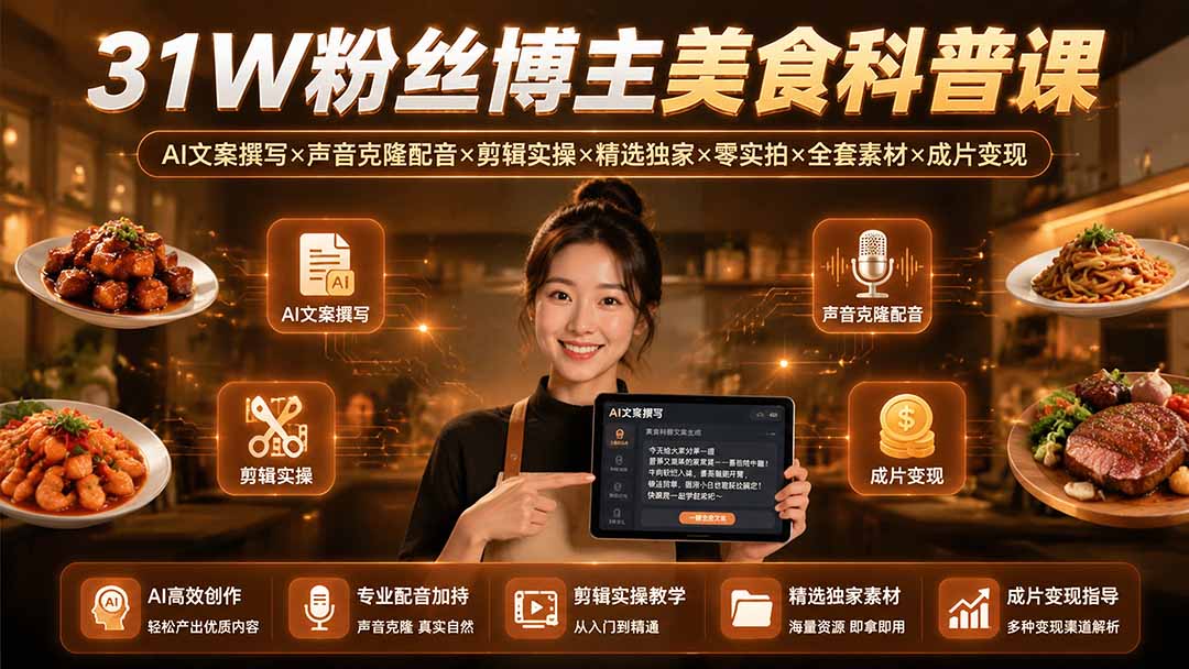 31W粉丝博主美食科普课：AI文案撰写×声音克隆配音×剪辑实操×精选独家×零实拍×全套素材×成片变现-校睿铺