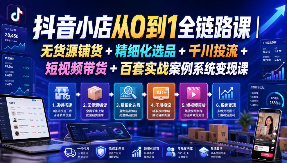 抖音小店从0到1全链路课｜无货源铺货+精细化选品+千川投流+短视频带货+百套实战案例系统变现课(2026年7月更新)-校睿铺