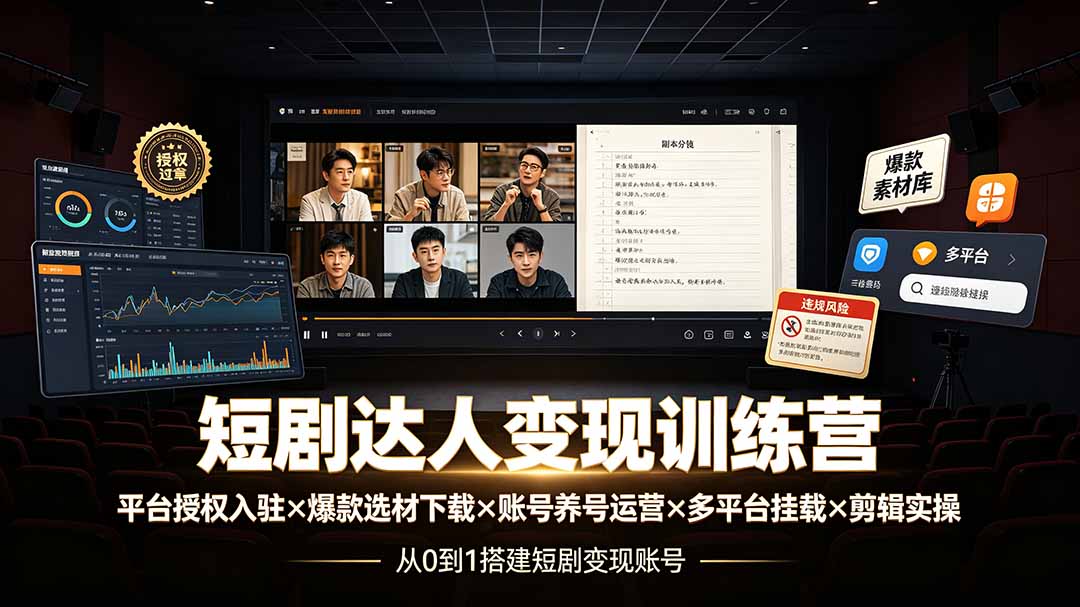 短剧达人变现训练营：平台授权入驻×爆款选材下载×账号养号运营×多平台挂载×剪辑实操×违规处理全流程-校睿铺