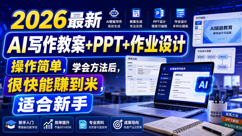 2026最新AI写作教案+PPT+作业设计，操作简单，学会方法后，很快能賺到米，适合新手-校睿铺