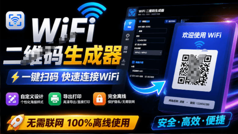 完全离线使用！WiFi二维码生成器，一键扫码快速连接WiFi，支持自定义风格导出WiFi二维码生成器-校睿铺