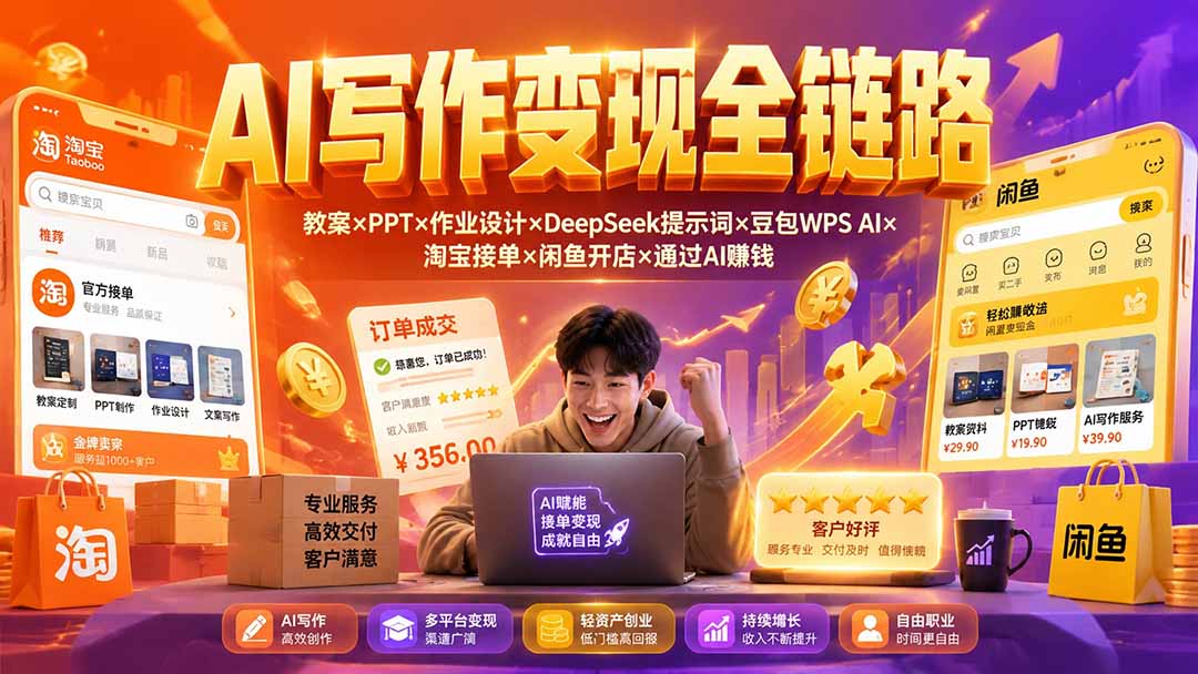 2026AI写作变现全链路：教案×PPT×作业设计×DeepSeek提示词×豆包WPS AI×淘宝接单×闲鱼开店×通过AI賺钱-校睿铺