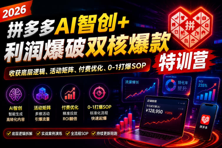 2026拼多多AI智创+利润爆破双核爆款特训营，收获底层逻辑、活动矩阵、付费优化、0-1打爆SOP(更新0727)-校睿铺