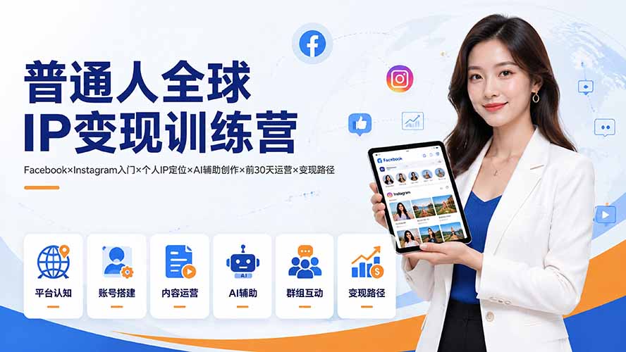 普通人全球IP变现训练营：Facebook×Instagram入门×个人IP定位×AI辅助创作×前30天运营×变现路径-校睿铺